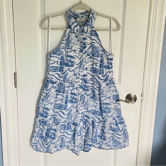 Vineyard Vines halter lighthouse fit flare Dress blue white 47150 - Picture 2 of 16